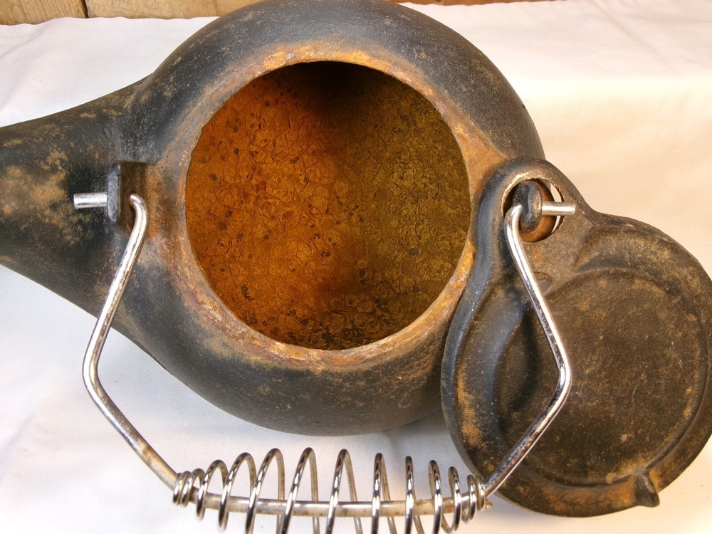 Antique Rustic Cast Iron Tea Kettle with Swivel Lid and Coiled Wire Handle