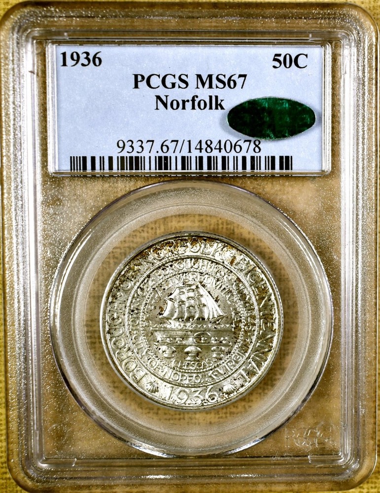 1936 PCGS MS67 Norfolk Commemorative Half Dollar - Reverse Toning - CAC