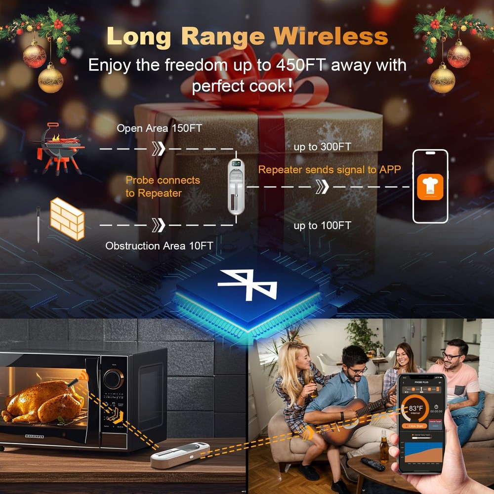 Wireless Meat Thermometer Digital, Instant Read, Long Bluetooth Range, Alarm,...
