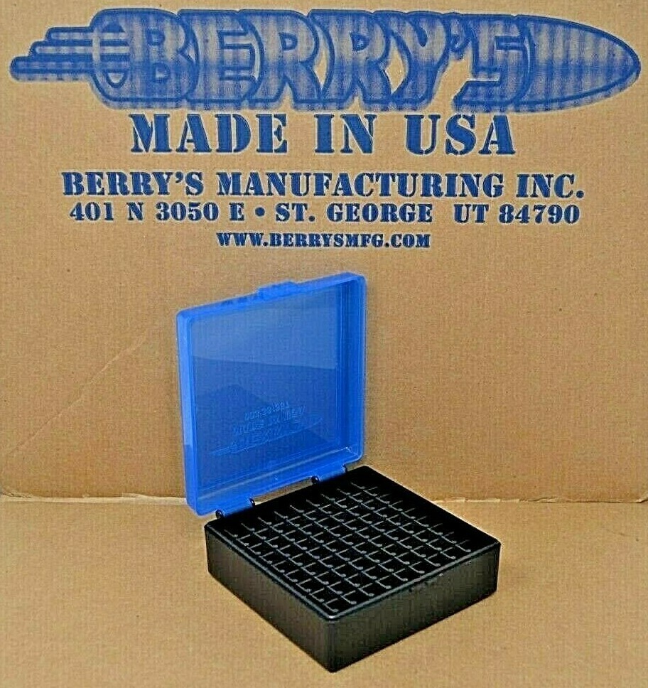 4 x 38 / 357 BERRY AMMO BOXES 100 RD PLASTIC HOLDER (BLUE / BLACK)