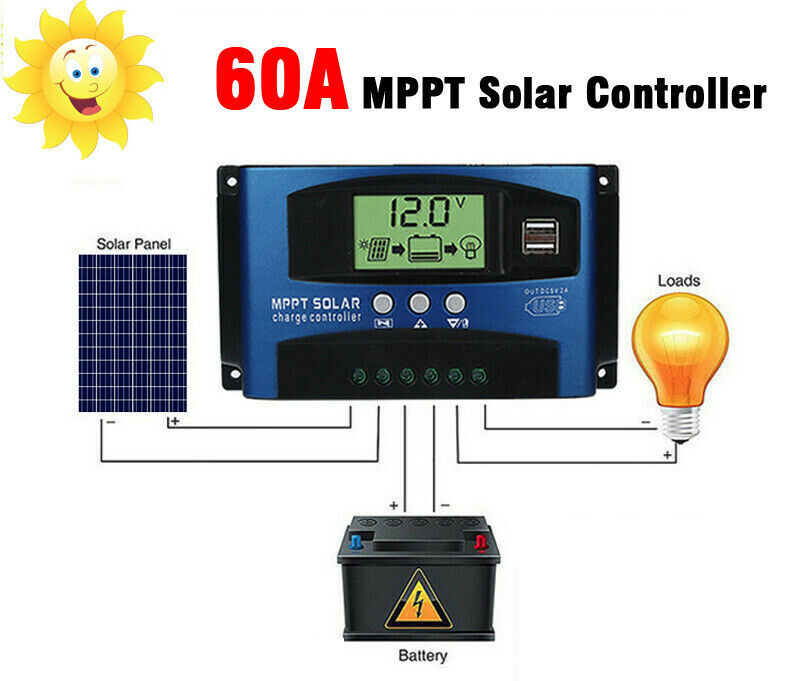 60A MPPT Solar Panel Regulator Charge Controller 12V/24V Auto Focus Tracking,
