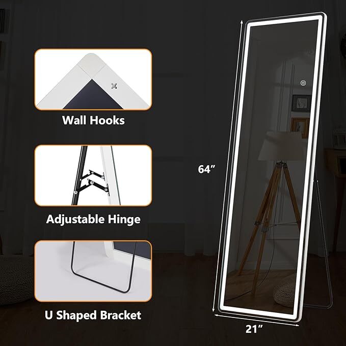 Mirror Full Length Standing Mirror with LED Lights Lighted Floor Standing Mirror