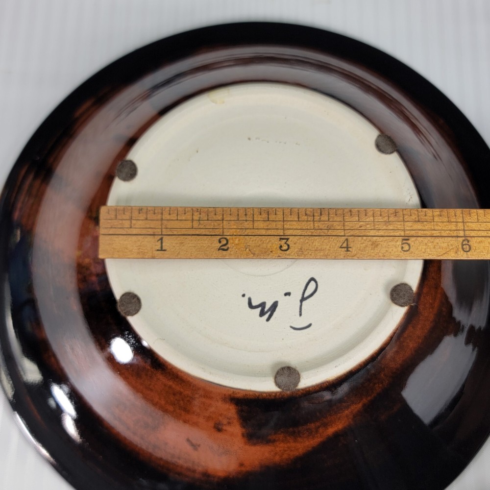 11" Round Stoneware Brown Swril Bowl Signed JM