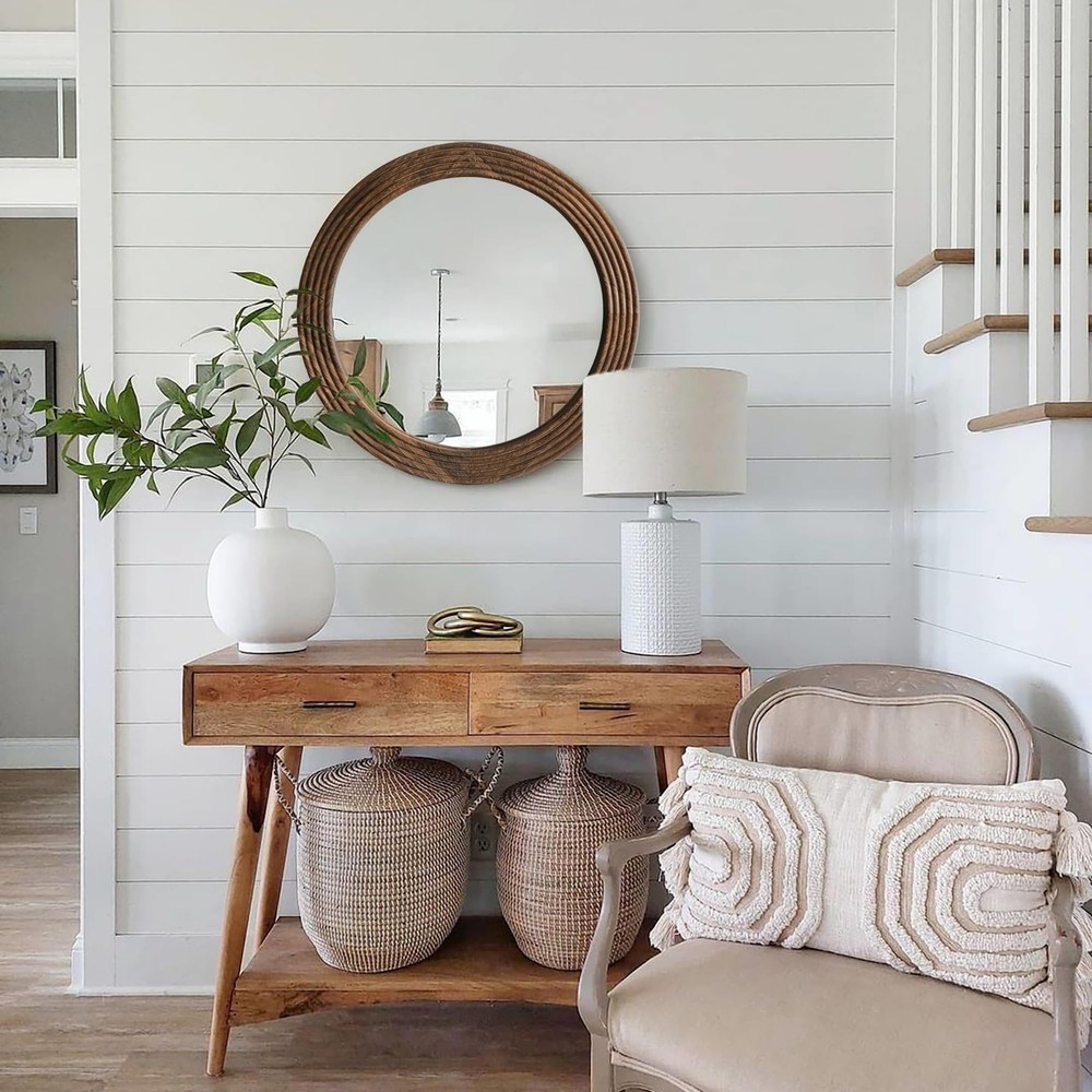 Round Mirror, Farmhouse Decor Solid Wood Frame Wall Circle Mirror, Decorative...