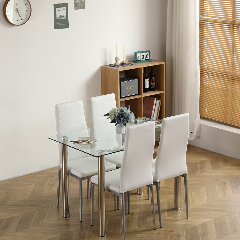 5pcs/set Dining Table Set Kitchen Tempered Glass Dining Table + 4 Chairs White