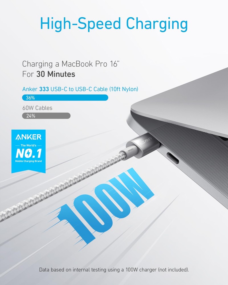 Anker USB C to C Cable, Type-C Charging Cord Fast 10FT, Silver
