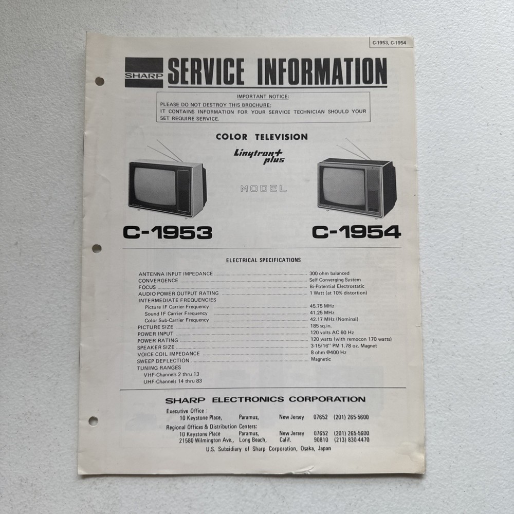 Sharp Electronics Color Television Models C-1953 & C-1954 Service Information