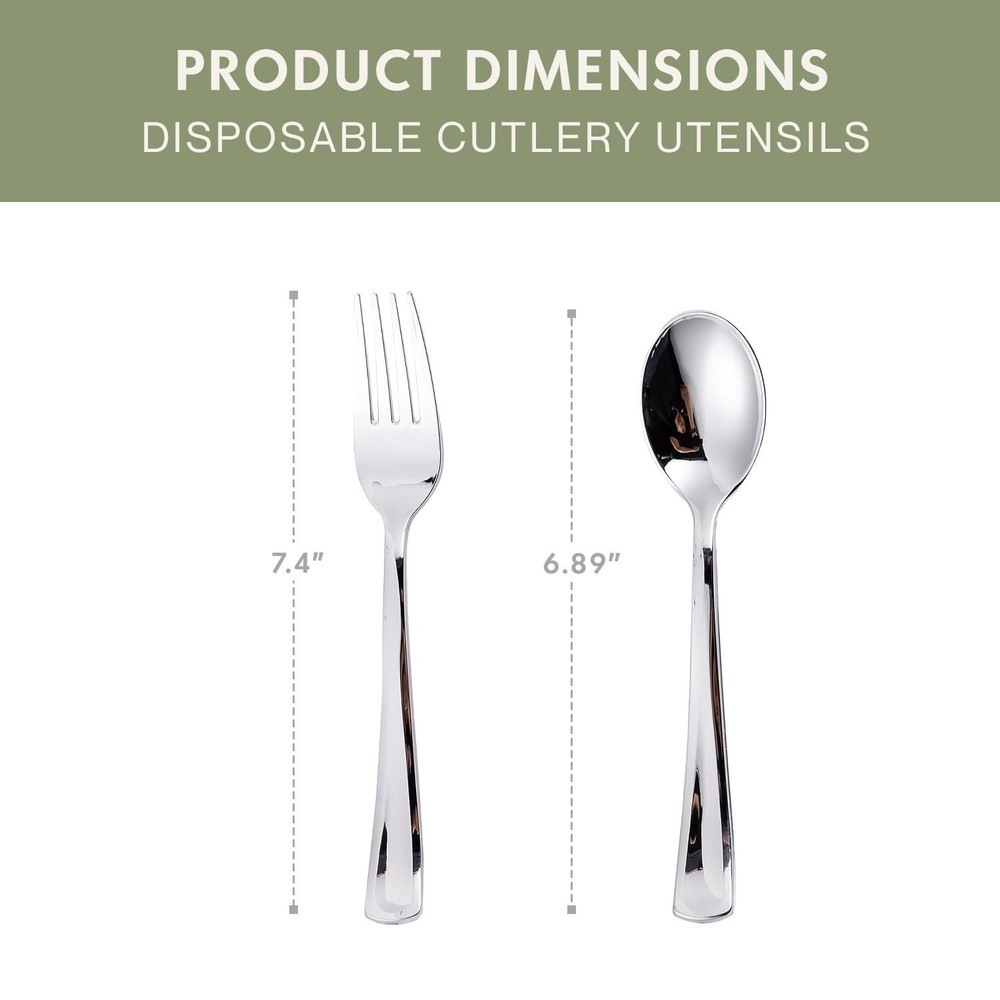 Silver Disposable Cutlery Set, 120 Count Spoons + Forks, Plastic Silverware S...