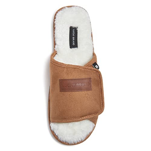 Mens Microsuede Memory Foam Open Toe Slippers, Cool Adjustable Large Tan/White