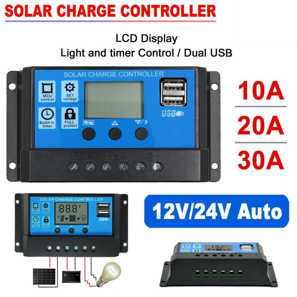 LCD Solar Panel Battery Regulator Charge Controller Dual USB 12V/24V 10A/20A/30A