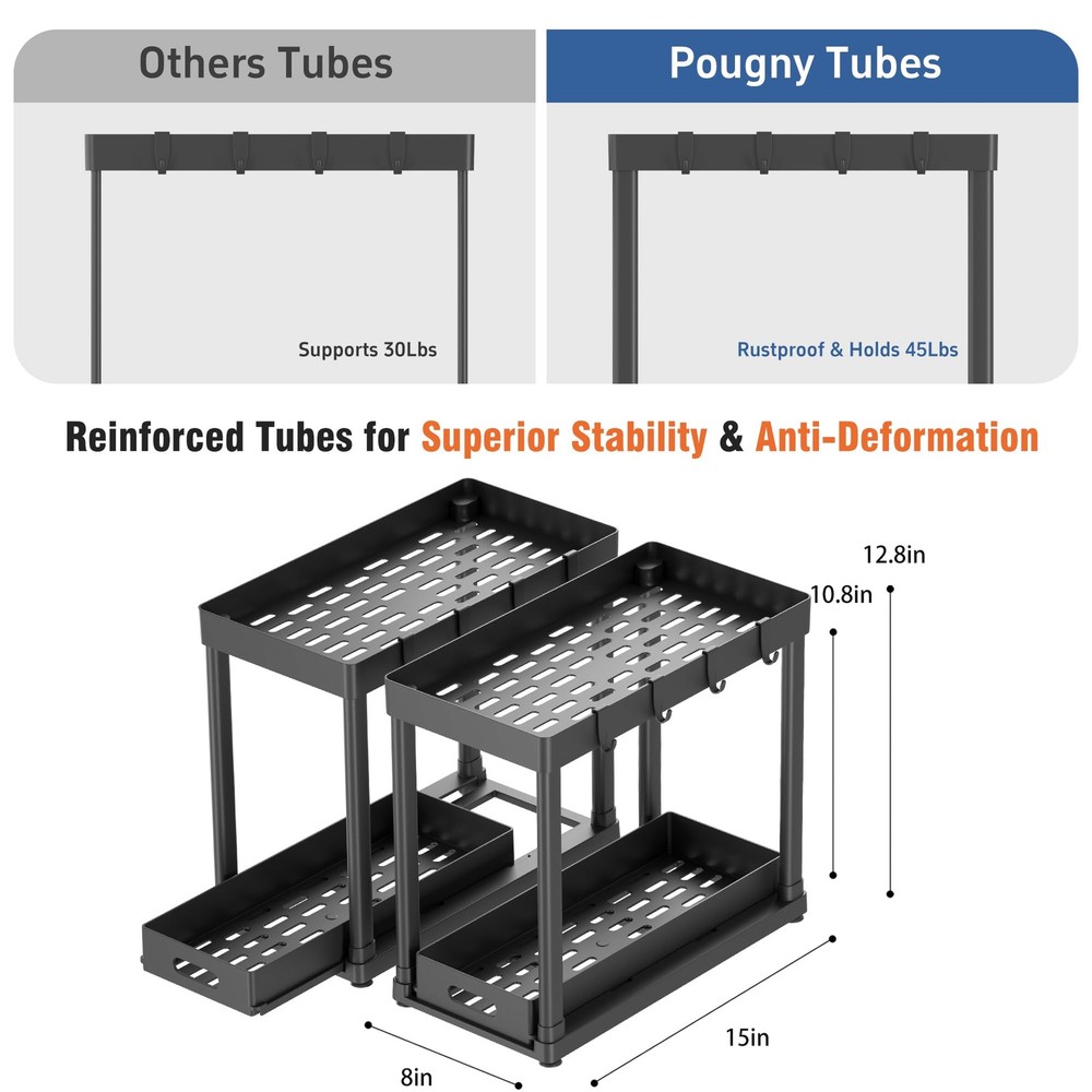 POUGNY 2 Pack Pull-Out Storage Organizers, Under Sink 12.8IN, Black PRO