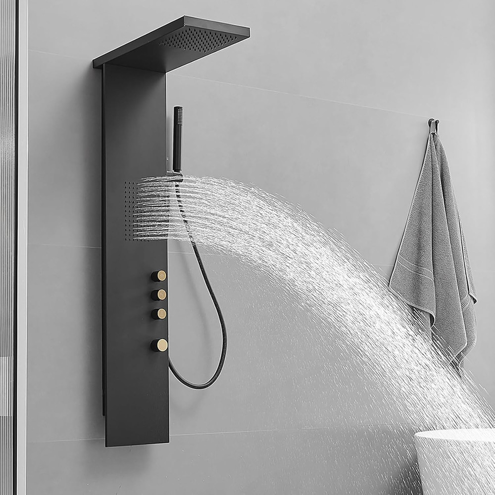Black Stainless Steel Shower Panel with Rainfall, Jets & Handheld 3-Functions