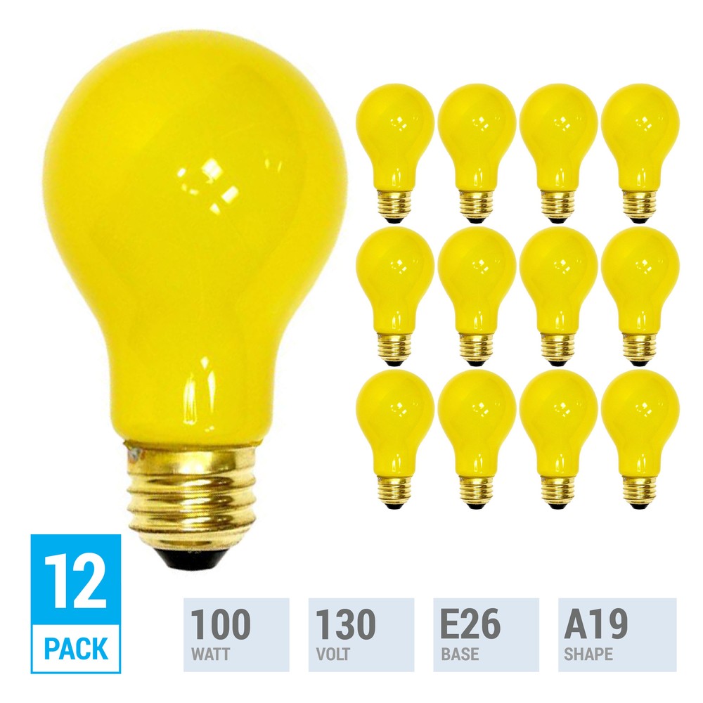 12 Pack YELLOW BUG LIGHT BULBS 100W Watt A19 Medium E26 130V =120V 100A/YB