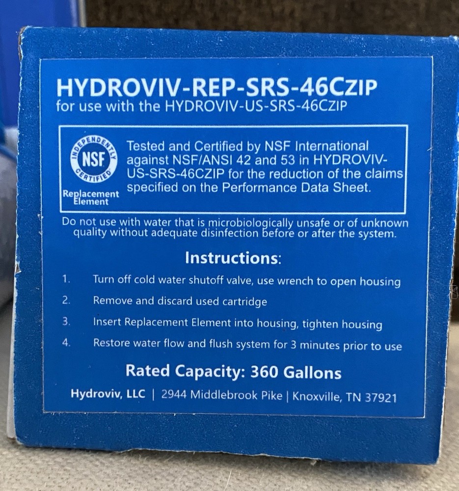 Hydroviv HYDROVIV-US-REP-46cZIP Under Sink Water Filter Replacement-New Sealed