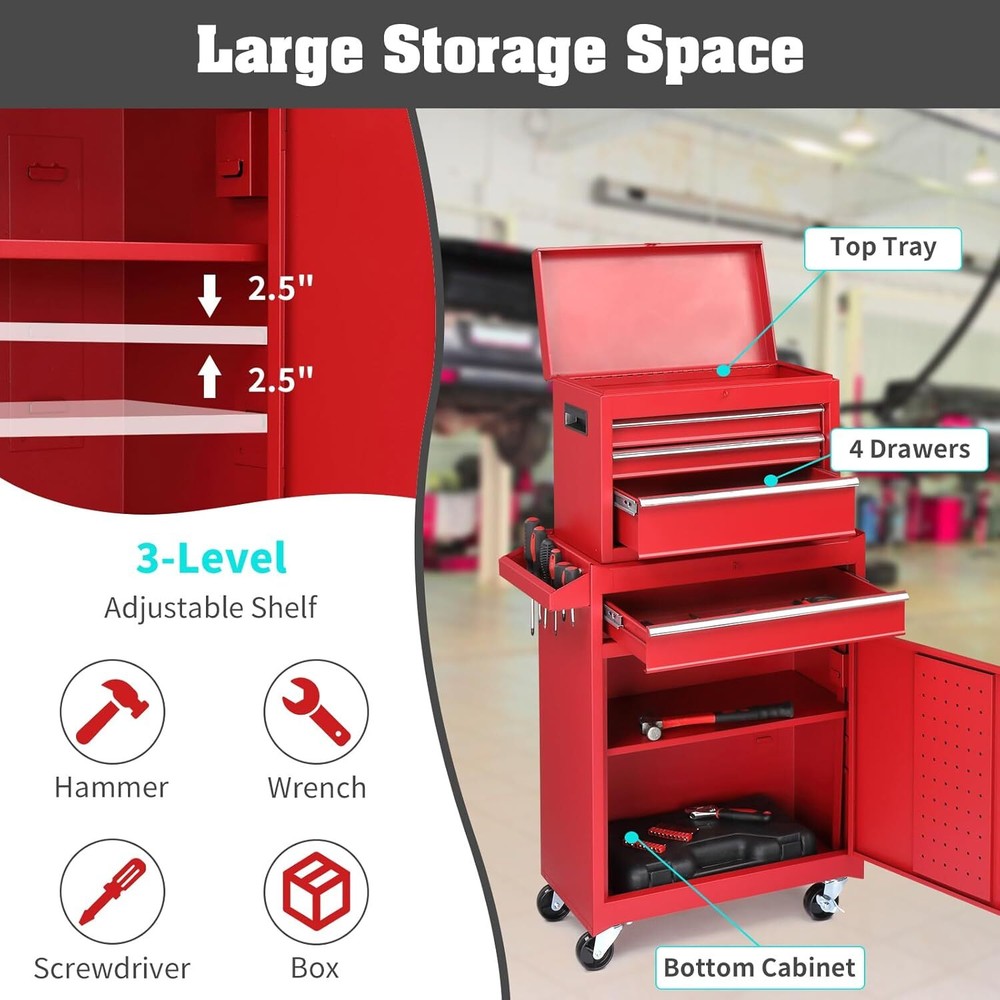 4 Drawer Rolling Tool Chest Detachable Garage Storage Cabinet Adjustable Shelf