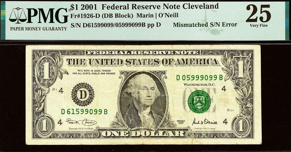 2001 $1 Federal Reserve Note PMG 25 - Error Note - Three Digit Mismatch Error