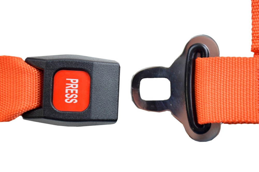 ORANGE 4 POINT SEAT BELT 2" HARNESS, PULL DOWN LAP BELTS FLOOR MOUNT PUSH BUTTON