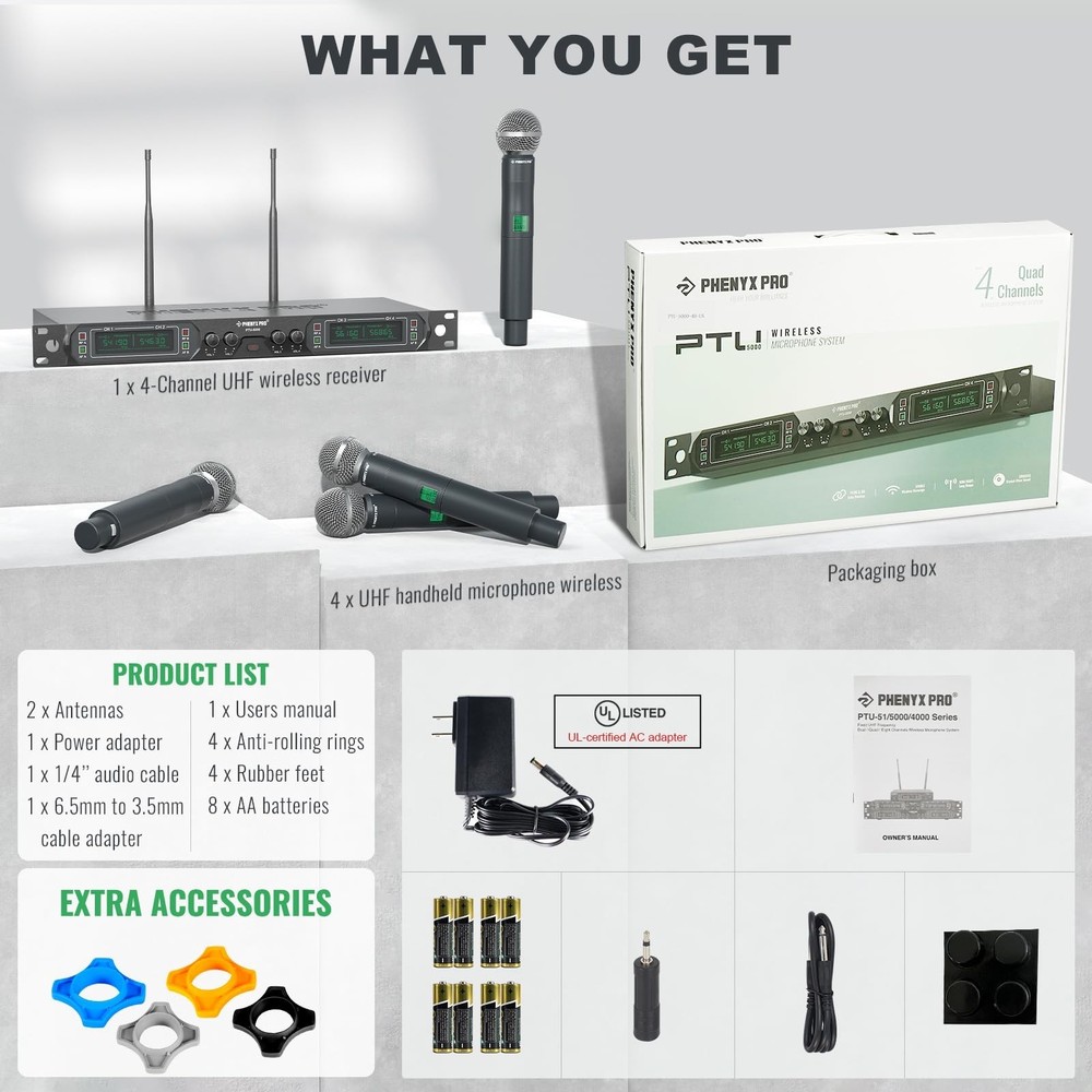 Phenyx Pro Wireless Microphone System, 4-Channel UHF Wireless Mic, Fixed Freq...