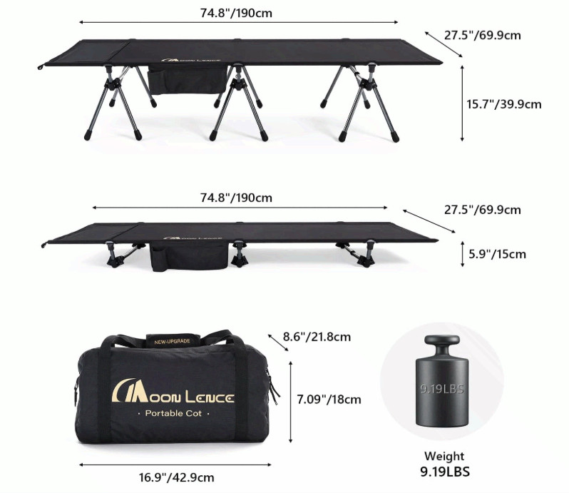 MOON LENCE Camping Cot Adjustable Height Folding Bed 330lb Black
