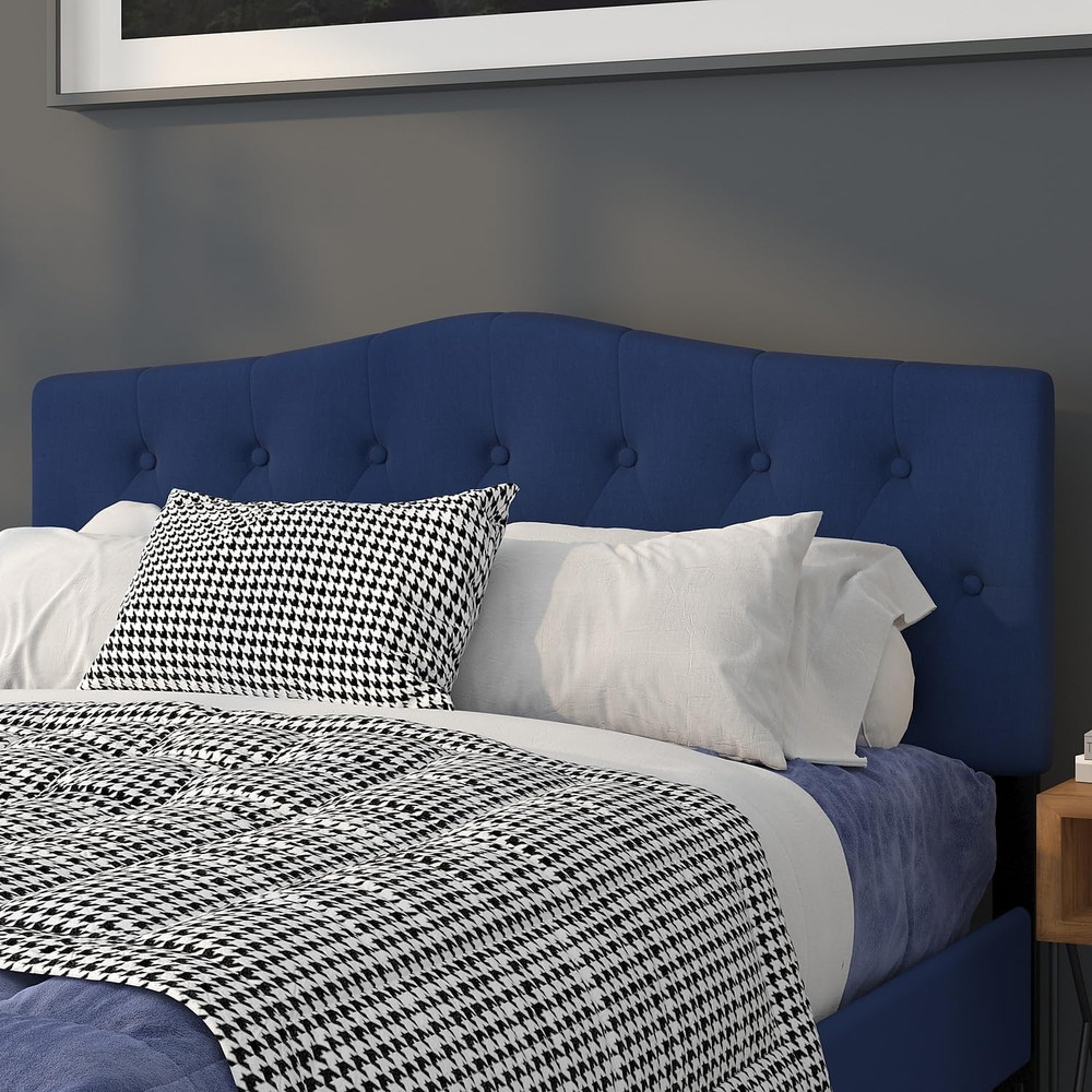 Navy Upholstered Queen Headboard with Button Tufting and Diamond Stitching