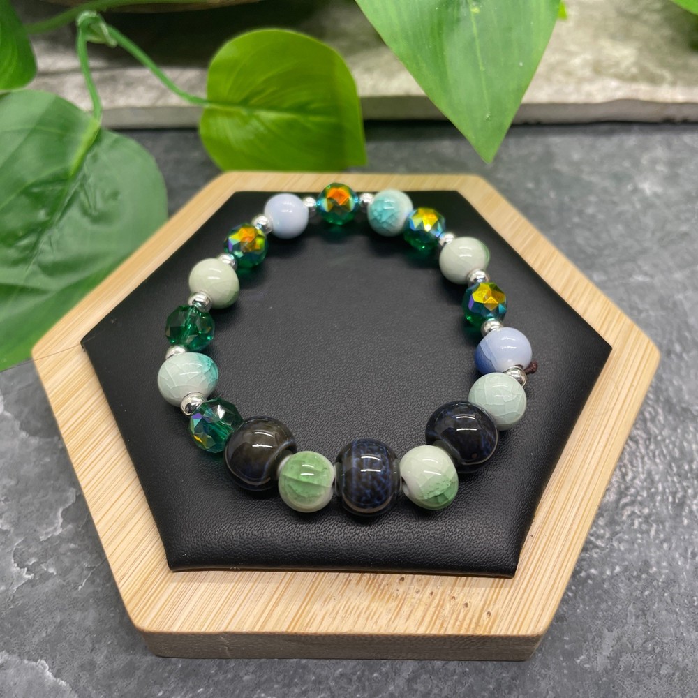 Handmade Ceramic Bead Beaded Stackable 6.25” Plus Stretch Bracelet New B497
