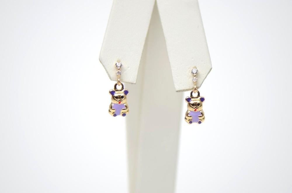 14K Solid Yellow Gold Teddy Bear Dangle Earring with Enamel