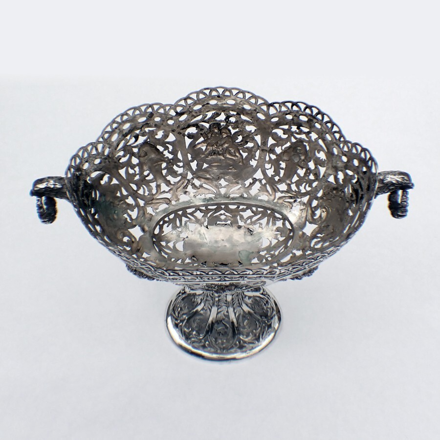 Ornate Footed Basket Open Work Designs Figural Handles 800 Silver