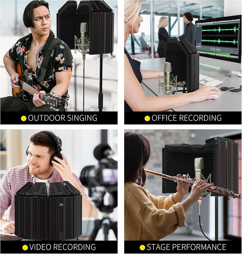 Microphone Isolation Shield 5-Panel Foldable Studio Soundproof Cover Black