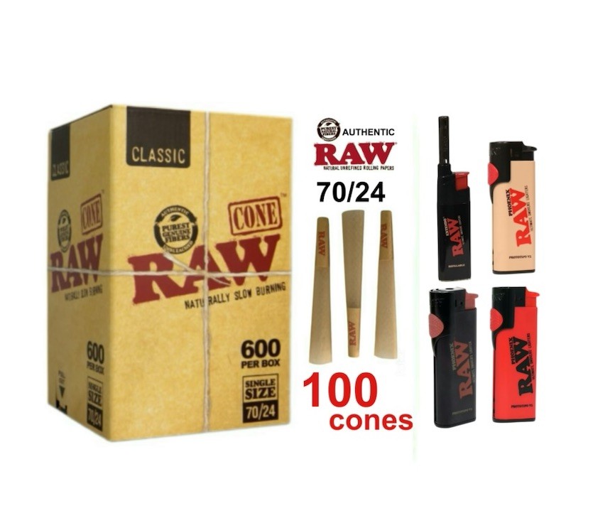 Raw rolling paper single Size 70/24 Pre Rolled Cone + Lighter