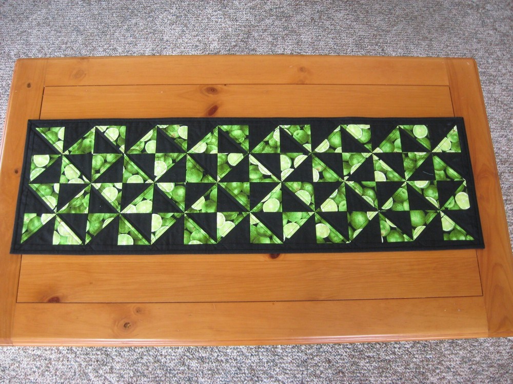 Handmade Quilted Table Runner Green Lime Fruit with Solid Black FREE SHIPPING