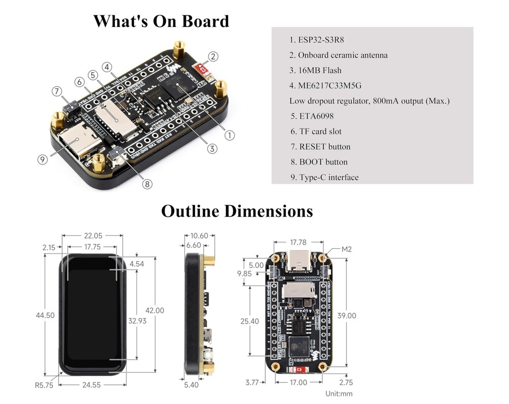 ESP32-S3 1.47inch IPS Touch Display Development Board, 172x320 Resolution, 26...