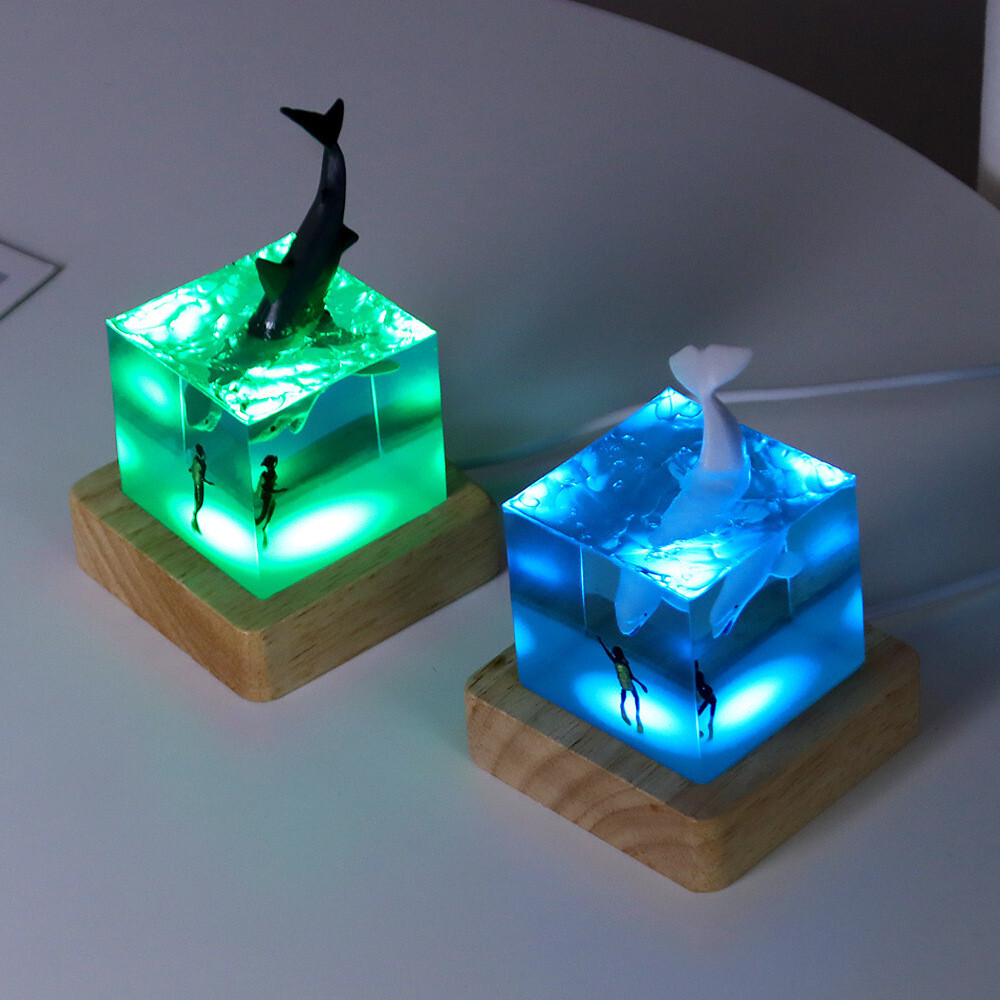 Glowing Whale Ocean Cube Night Light – Resin Decor with LED Base