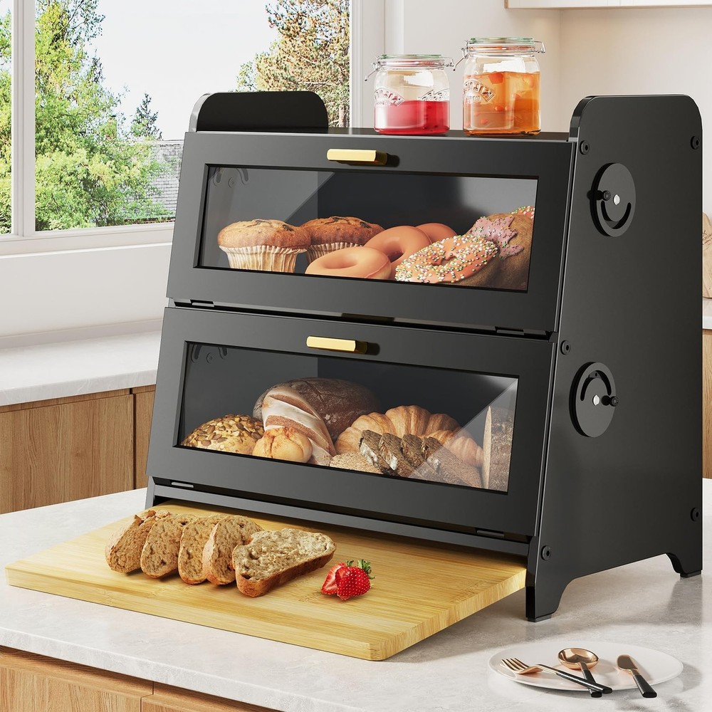 SNTD Bread Box - Kitchen Countertop Bread Storage Container with Bamboo Cutti...