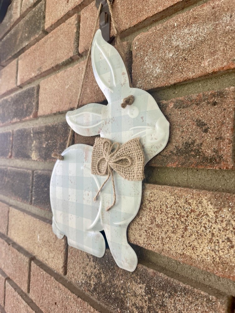 Spring Blue Gingham Hanging Metal Bunny