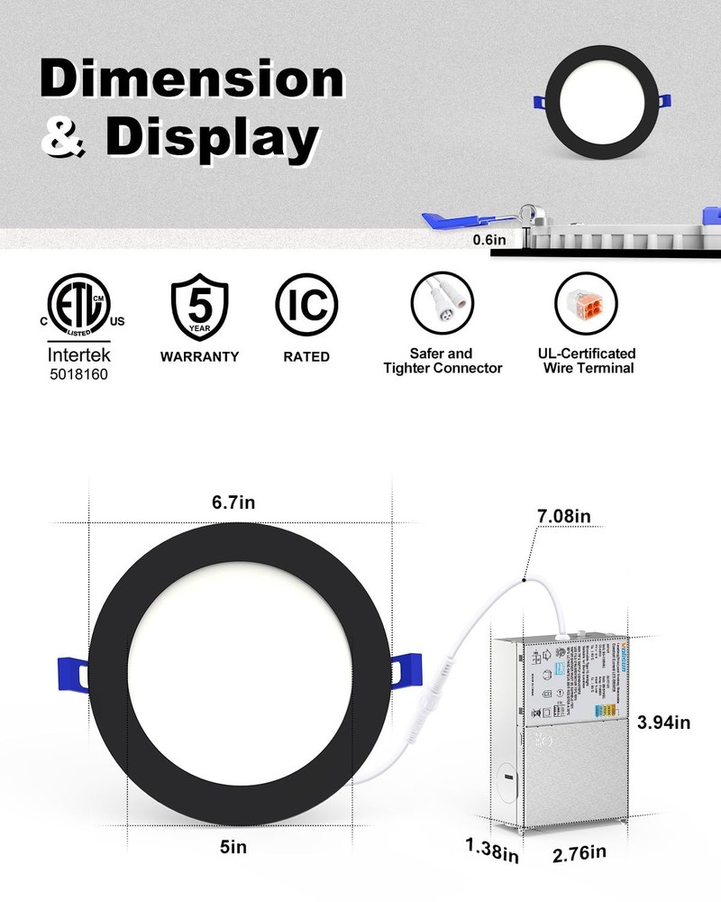 12 Pack 6 Inch 5CCT LED Recessed Ceiling Panel Light Dimmable with Night Light