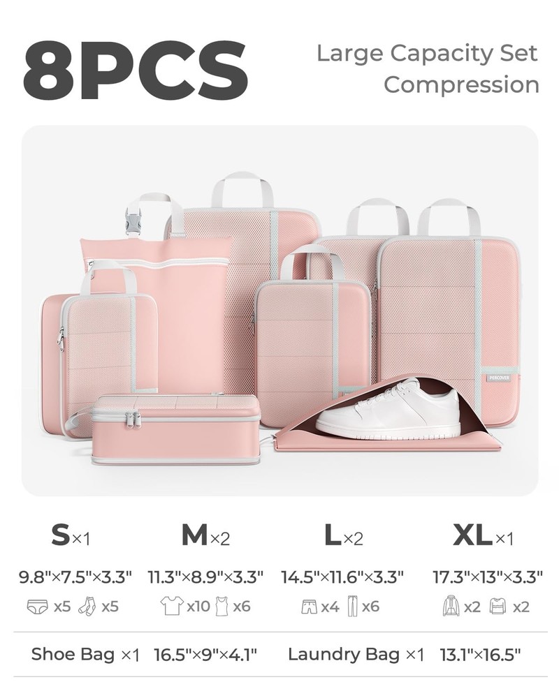 Percover Compression Packing Cubes 8-Piece Set, Packing Cubes Compression for...