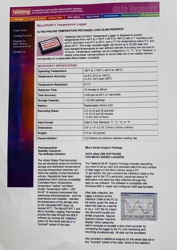 (8) Telatemp Micropoint 1 Temperature Data Loggers + Software + Serial Adapter