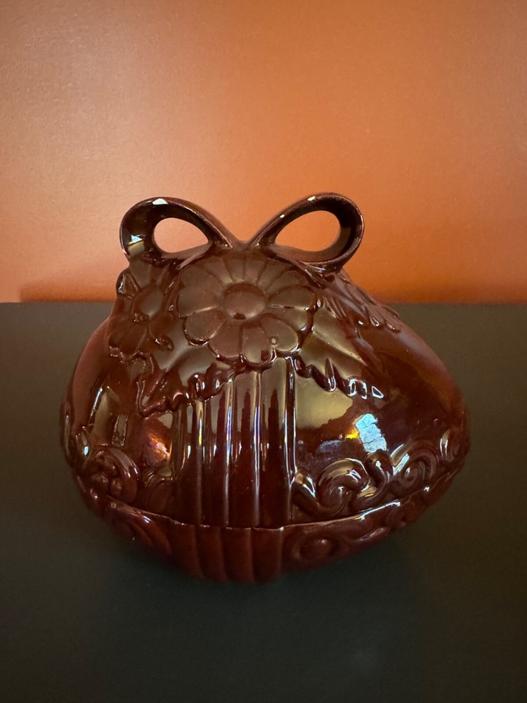 Vintage Easter Egg Shaped Candy Dish Ceramic Floral Ribbon Lid 1978