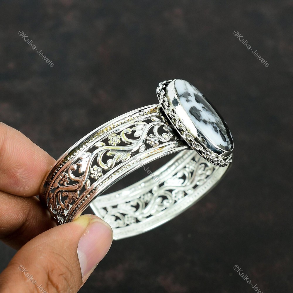 Gift For Her Natural White Buffalo Turquoise Bangle Adjustable 925 Silver