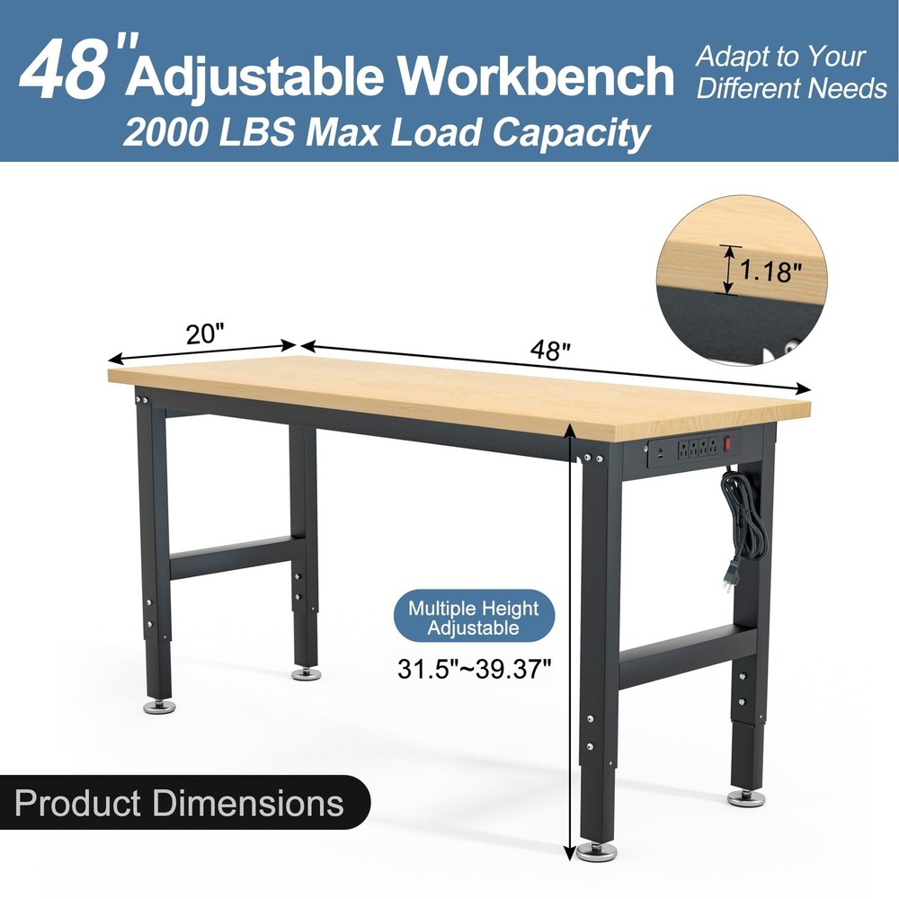 48" Worktable Adjustable Heavy-Duty Steel Frame Solid Rubberwood Tabletop Power