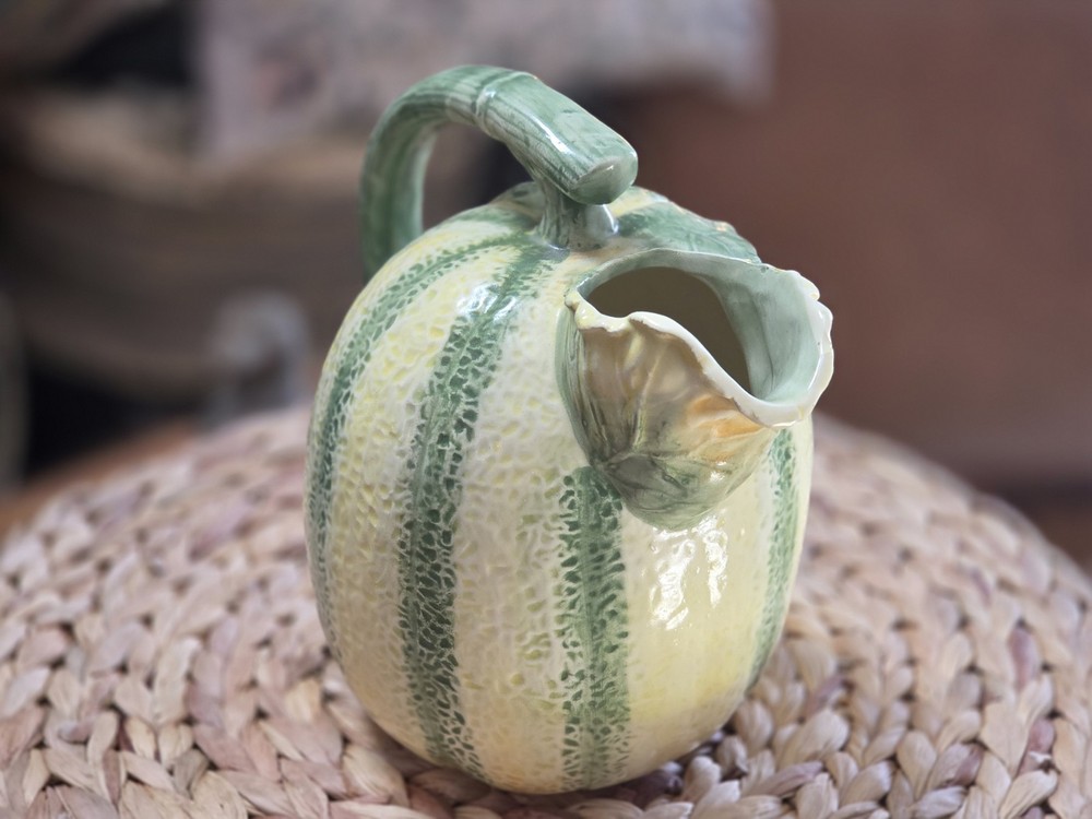 Studio Art Pitcher Leafy Melon Shaped Pitcher W/ Leafy Spout & Stem Handle