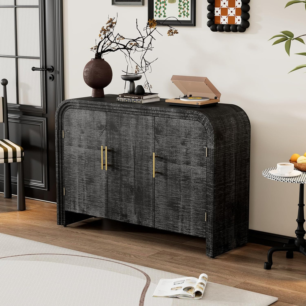 Rustic Buffet Sideboard with Gold Handles, Adjustable Dividers, Antique Black