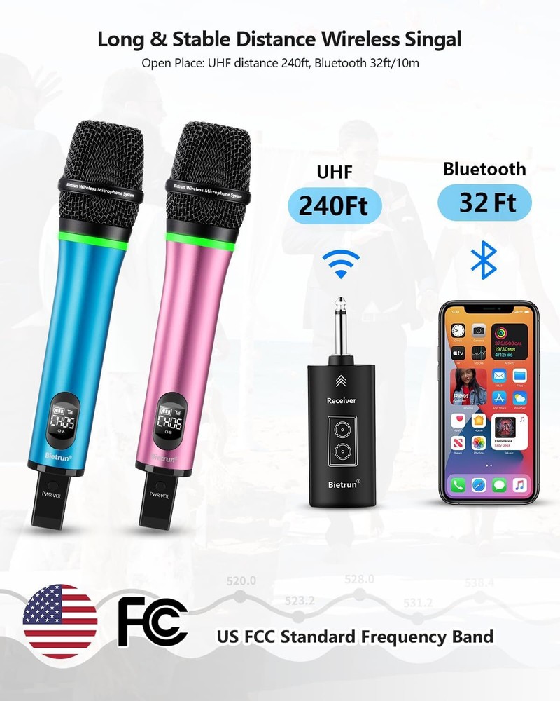Bietrun Rechargeable Wireless Microphone, Dual Metal Cordless Handheld Dynamic