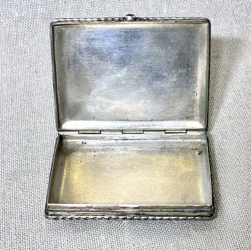 Antique 800 Silver Engraved Cigarette Case Snuff Trinket Box Ruby Clasp 86g