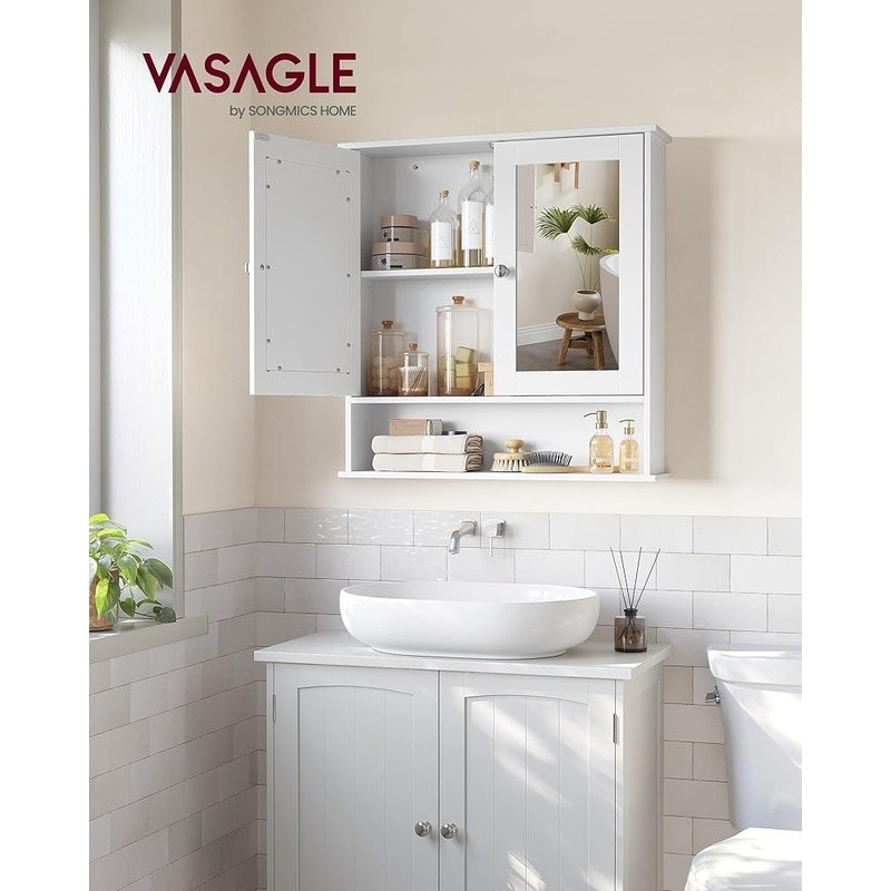 Bathroom Wall Cabinet W/ Mirrored Doors Height Adjustable Shelf Open Compartment