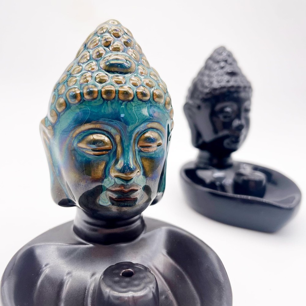 Buddha Head Incense Holder for Sticks, Small Ceramic Burner Blue