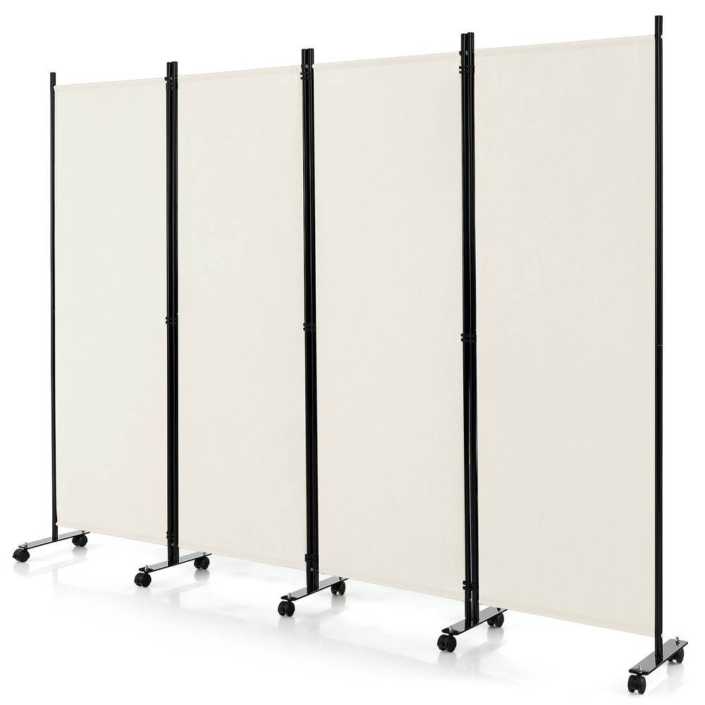 4-Panel Folding Room Divider 6FT Rolling Privacy Screen w/ Lockable Wheels White