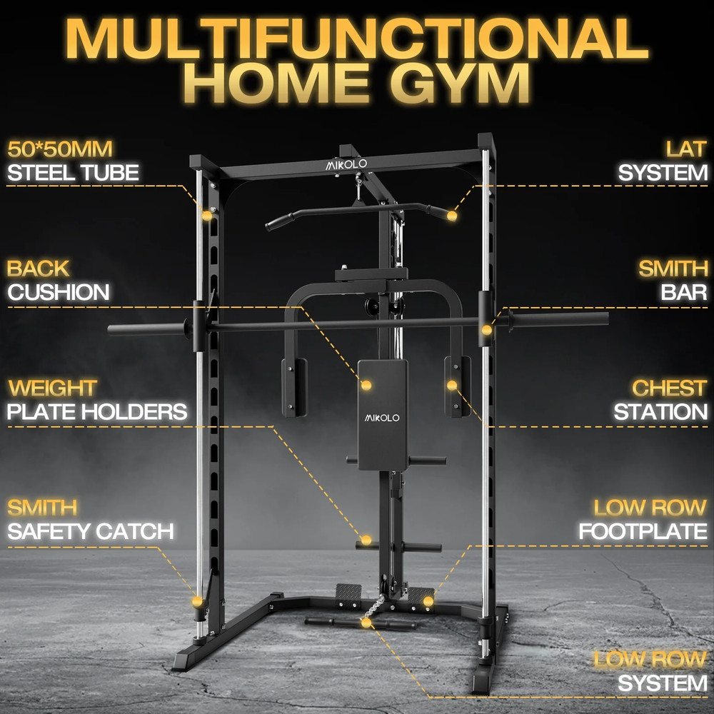 Smith Machine, 1000LBS Power Rack with Pec Deck and Lat Pull down System, Multi-