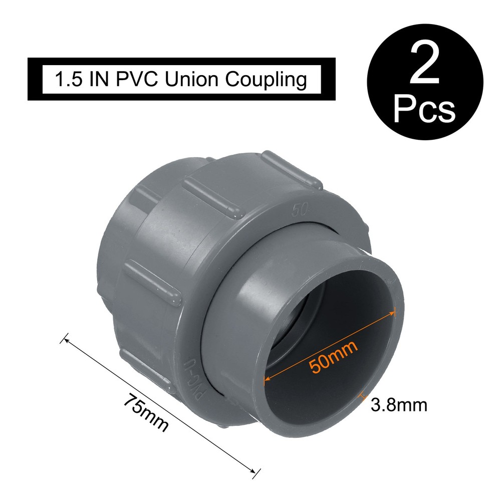 2 Pcs 1.5" Union PVC Coupling Pipe Fitting Adapter, Grey