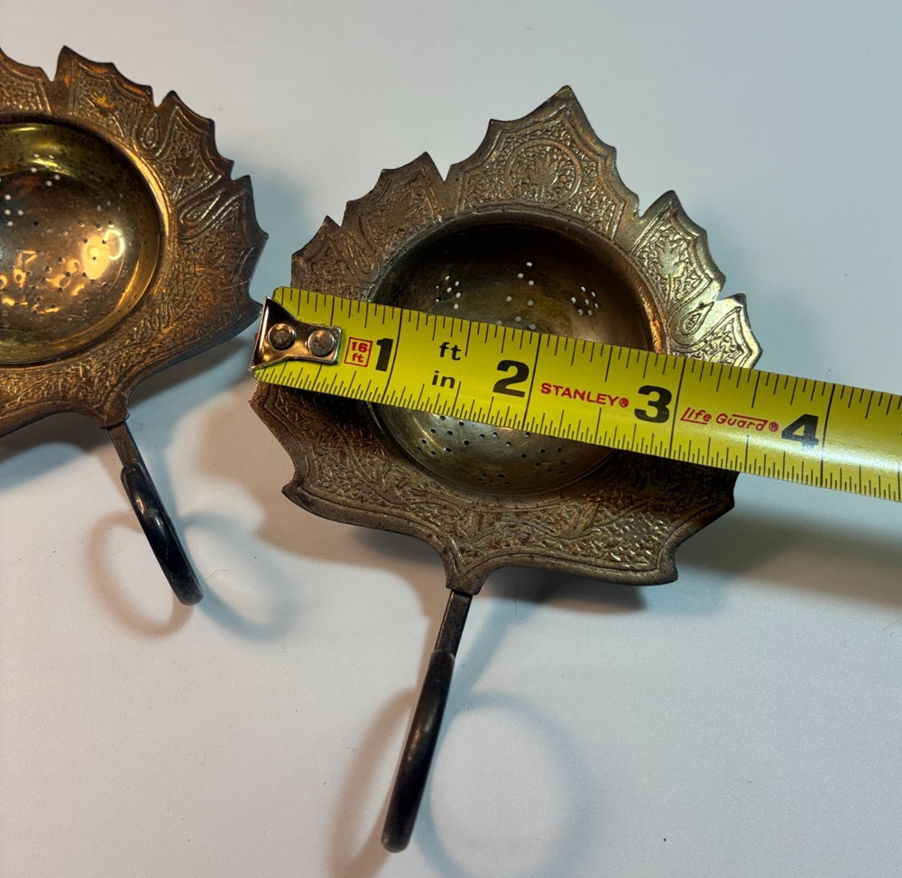 Vintage TWO Silverplate MAPLE LEAF TEA STRAINER Set Engraved Cup Pair Bombay Co